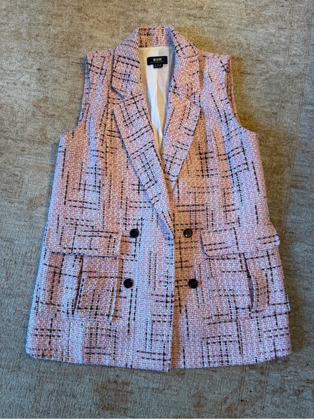 Anthropologie Pink Tweed Double-Breasted Vest with Black Accents